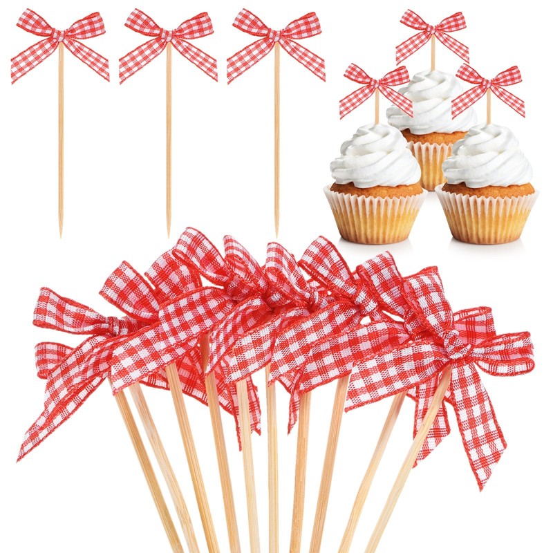 60Pcs Bow Cupcake Toppers, Ribbon Bow Cake Toppers for Cake Decor [Red]