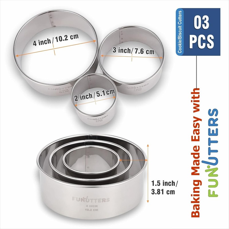 Cookie Cutter Set 3 Pc Kit Measuring 2'' 3'' & 4'' Round Metal Baking Rings gallery
