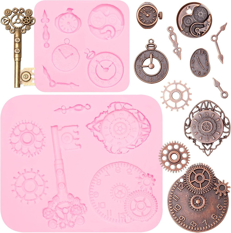2 PCS Clock Gear Silicone Molds Lock Key Fondant Steampunk Mold for Cake and Cra