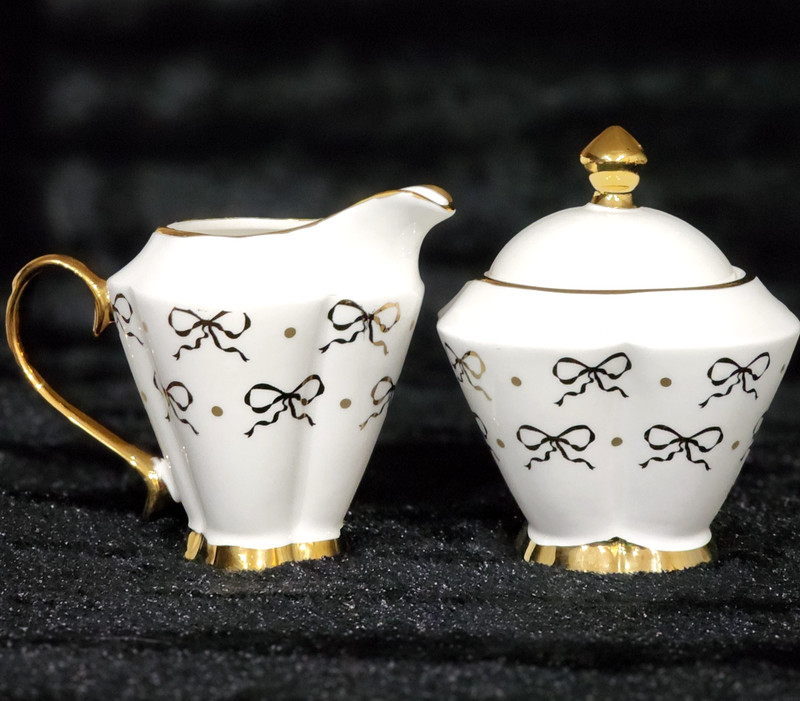 Yedi Gold Bows on White Creamer & Sugar Bowl Set Ceramic Coquette Bridal Bow Dot