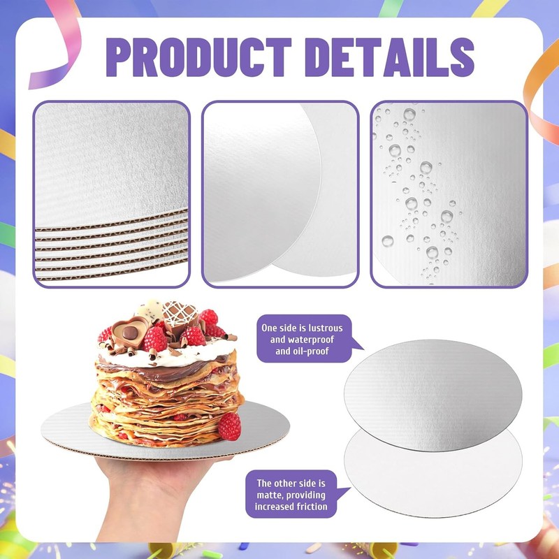 8 Pack 8 Inch Round Cake Boards, Disposable Corrugated Silver Cardboard gallery