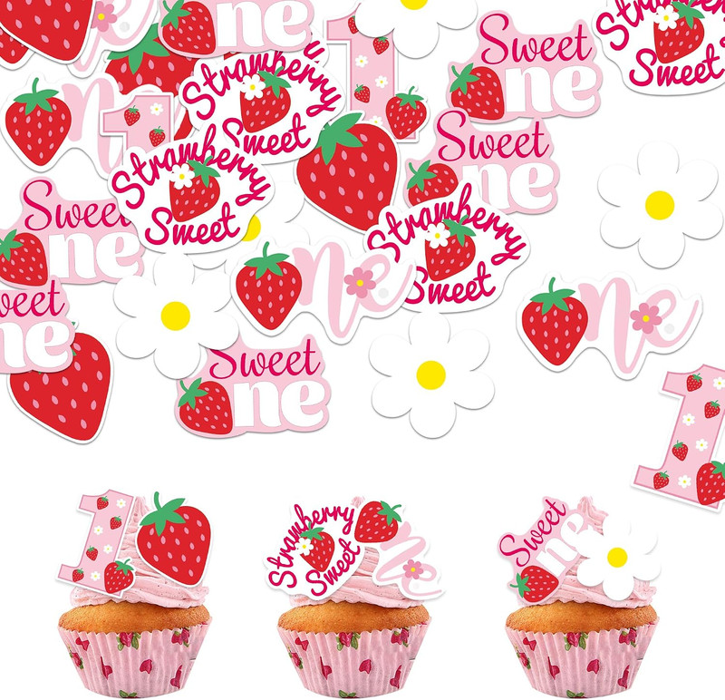 42Pcs Edible Strawberry Sweet One Cupcake Toppers Wafer Paper Birthday Strawberr