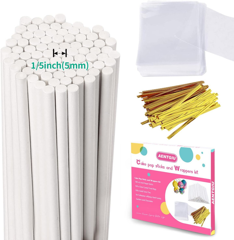 Cake Pop Thick Sticks and Wrappers Kit, Including 100ct 6-inch 5mm Diameter Pape gallery