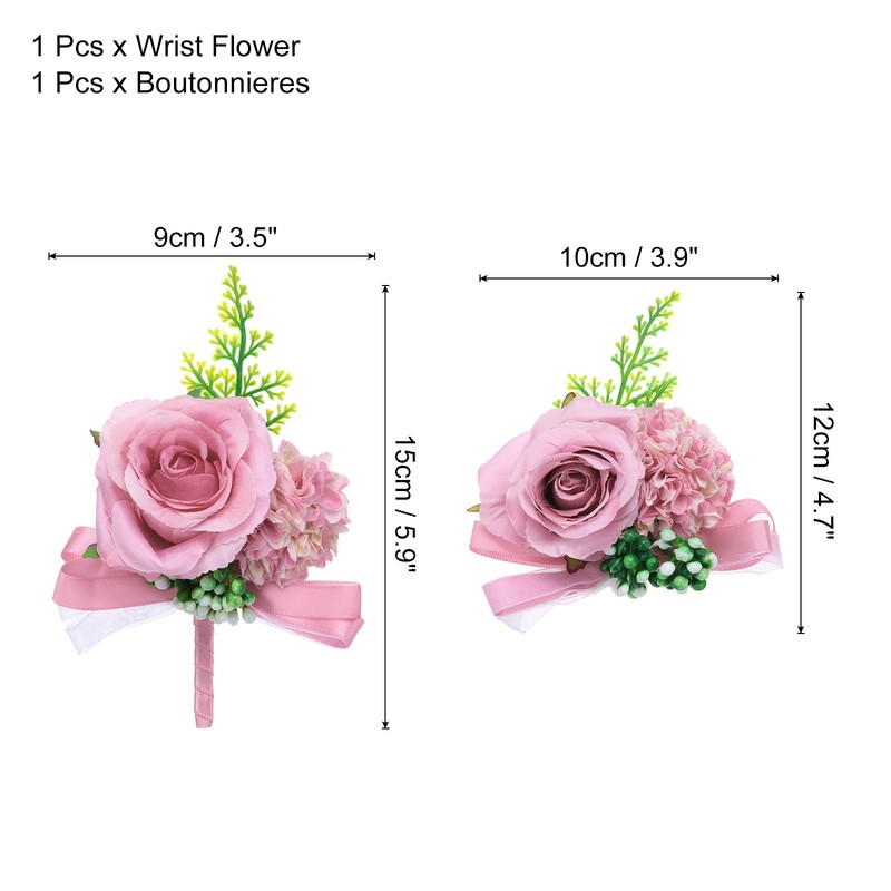 Rose Flower Wrist Corsage and Boutonnieres Set for Wedding Prom, Light Purple gallery