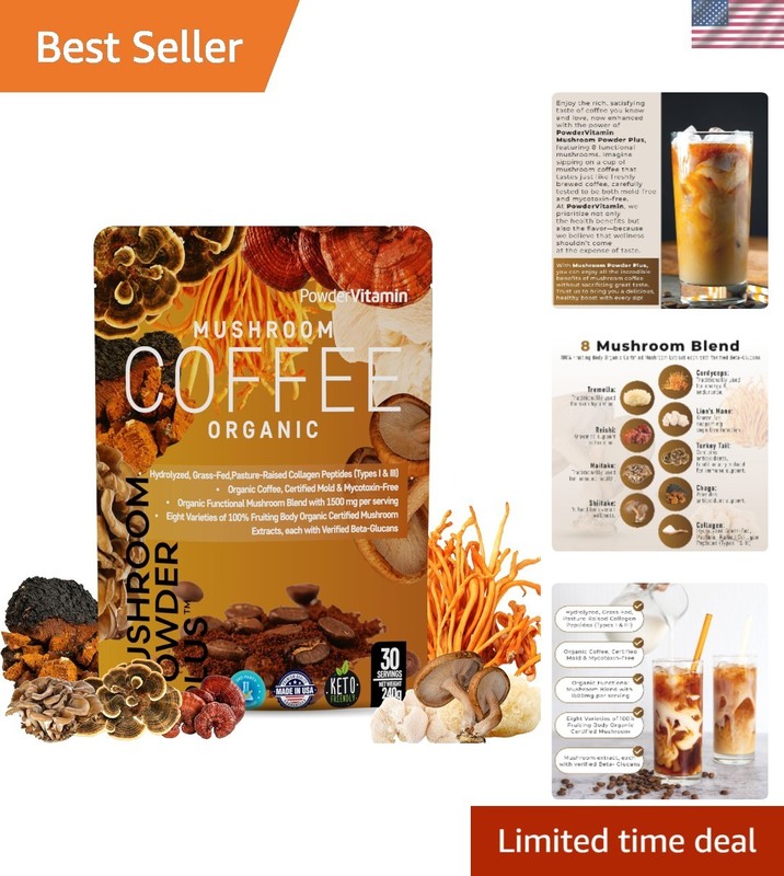 Organic Mushroom Coffee Certified Mold & Mycotoxin-Free GrassFed Collagen Typ…