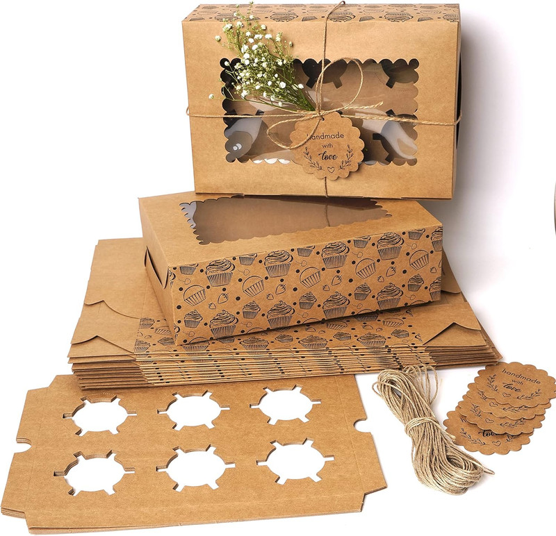 20-Pack Brown Cupcake Boxes with Insert Trays, Tags and Twine | Food Grade Kraft
