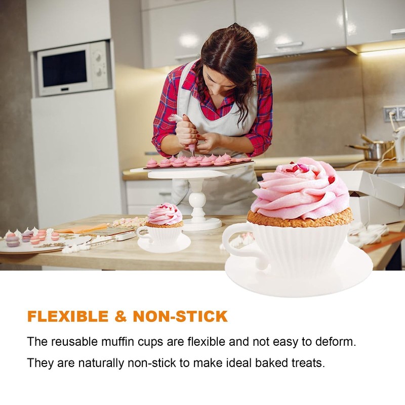 White Silicone Teacup Muffin Cupcake Baking Liners 8 Cups And Saucers 16 PCS gallery