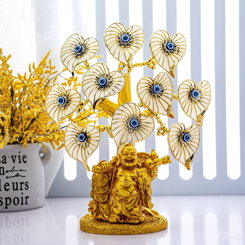Yu Feng Blue Evil Eye Money Tree Painted Golden Buddha Statue White Artificial gallery