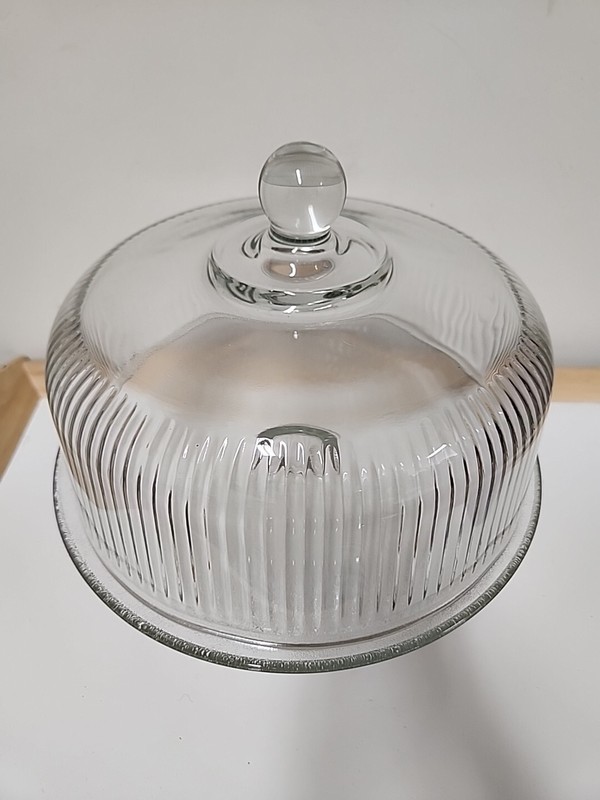Vintage Dome Covered Pedestal Cake Plate Heavy Ribbed Glass gallery