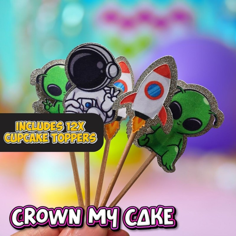 Outer Space Cake Topper – Alien & Astronaut Birthday Party + 12x Cupcake Toppers gallery