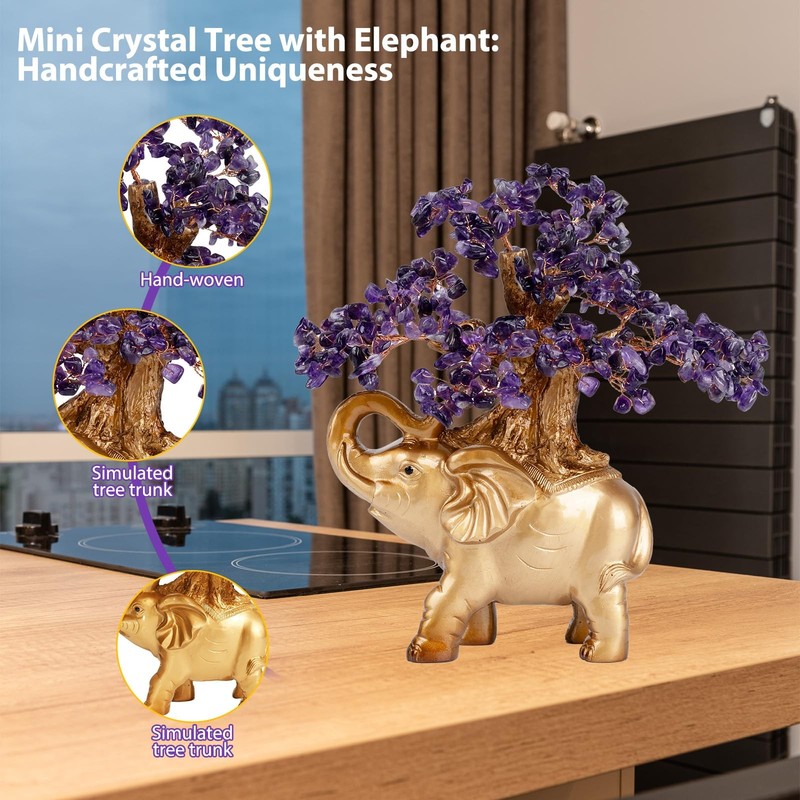 Gemboury Amethyst Crystal Money Tree On Gold Mini Elephant Statue 10Gemstone gallery