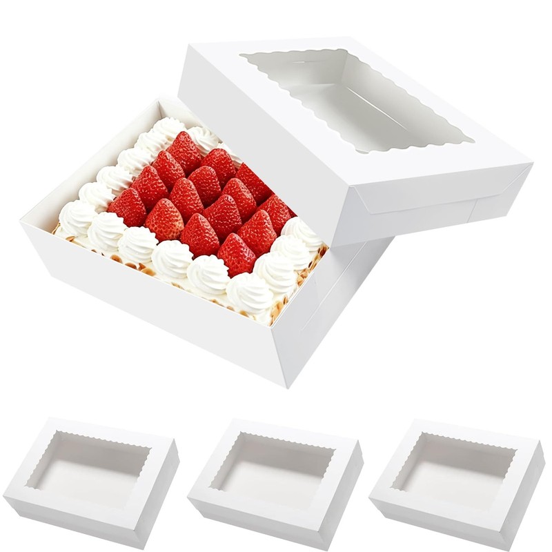 8 Pack Rectangle Quarter Sheet Cake Boxes with Window, 14x10x4 Inch White 1/4…