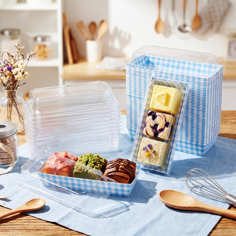 50 Pack Blue Plaid Cookie and Snack Boxes with Clear Lids Disposable Dessert ... gallery