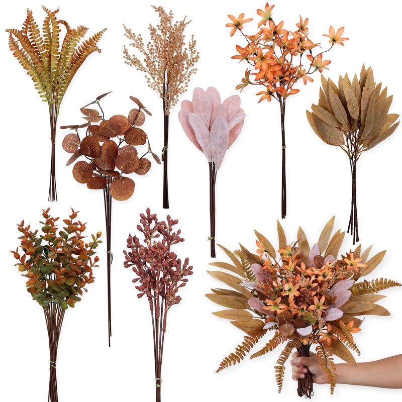 Artificial Greenery Stems Box Set for Fall Decor 13-17 inches, Brown & Orange