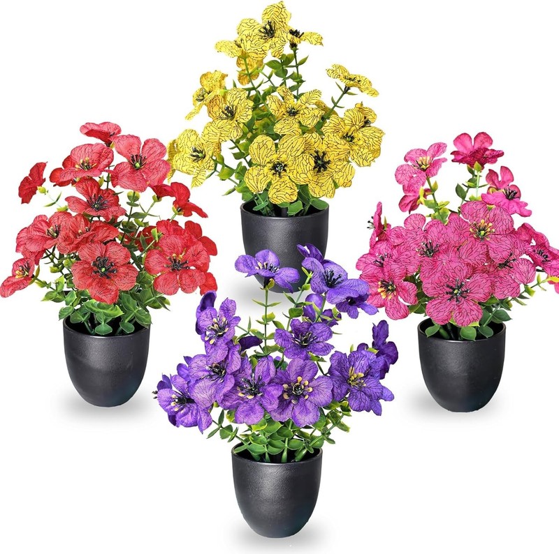 Small Fake Plants 4 Packs Artificial Flowers in Pots Home Decor Fake Flowers