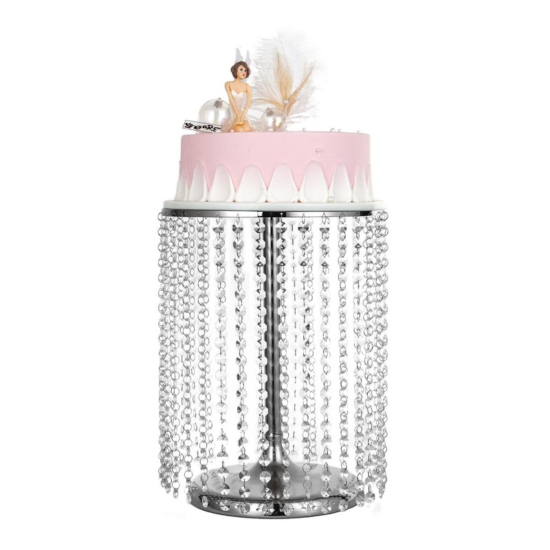 Round Metal Cake Stand with Crystal Pendants and Beads, 12 Inch Silver Cake Deco