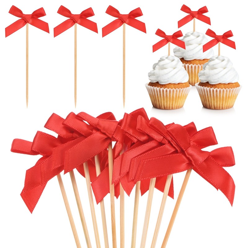 60Pcs Bow Cupcake Toppers, Ribbon Bow Cake Toppers for Cupcake Decor [Red]
