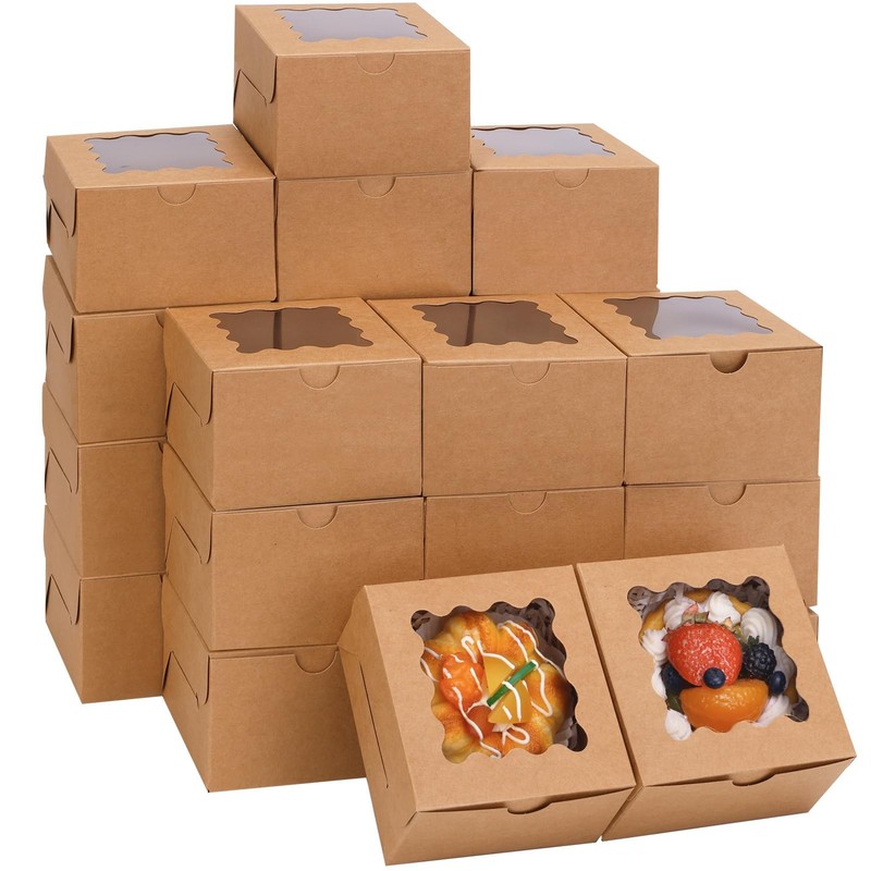 120pcs Cookie Boxes with Window, 4x4x2.5 Inches Brown Bakery Boxes Pastry Con…