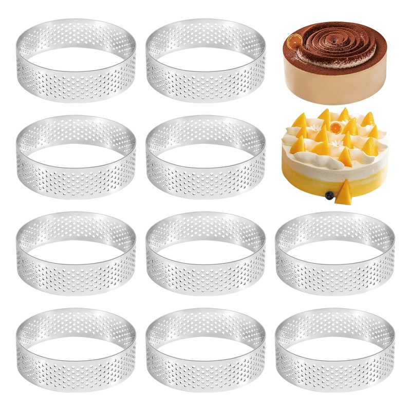 10Pcs Circular Tart Rings with Holes Stainless Steel Fruit Pie Quiches Cake9059