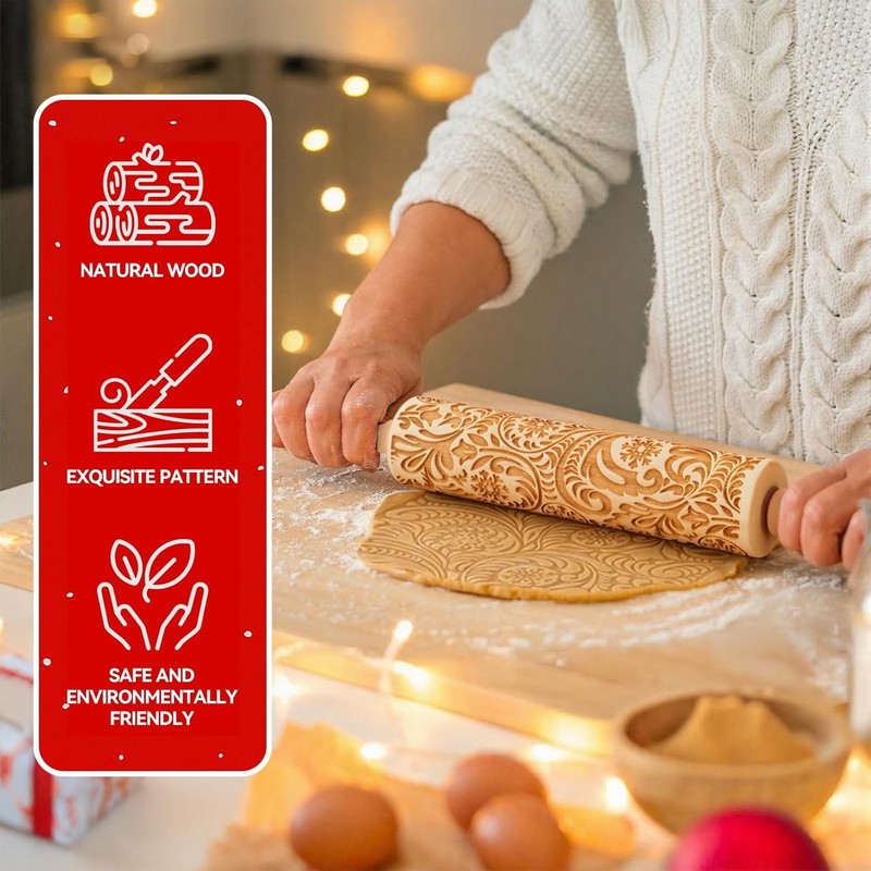 Christmas Gifts Wooden Embossed Rolling Pin for Baking, Stocking Stuffers Gifts gallery