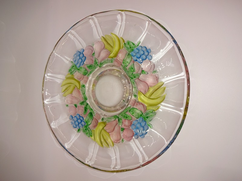 Vintage Indiana Glass Garland Flashed Blue Grapes Footed Cake Plate Fruit 13"