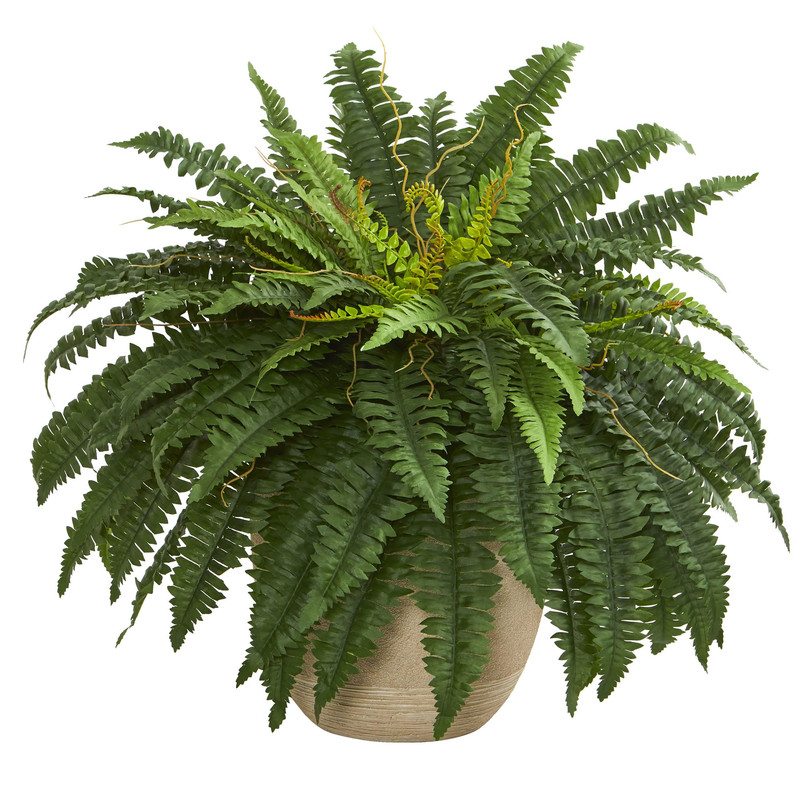 Nearly Natural 22In Artificial Boston Fern Plant In Sandstone Planter –