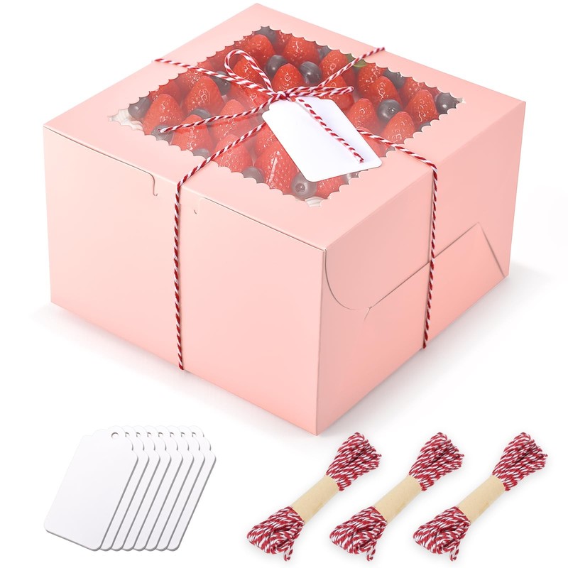 20Pcs 8 Inch Cake Boxes with Window, 8x8x5 Inches Pink Bakery Boxes, Cake Car…