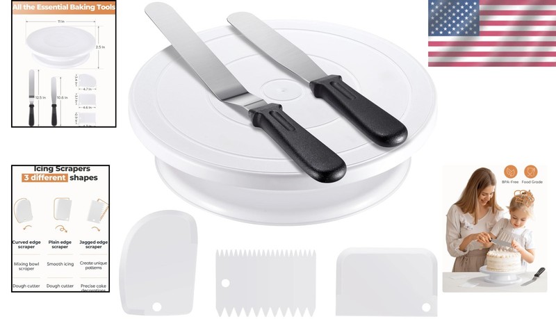 Essential Cake Decorating Set: 11-Inch White Turntable with Spatulas & Scrapers gallery