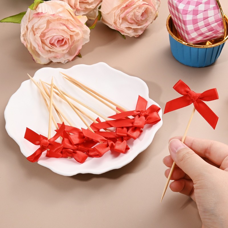 60Pcs Bow Cupcake Toppers, Ribbon Bow Cake Toppers for Cupcake Decor [Red] gallery