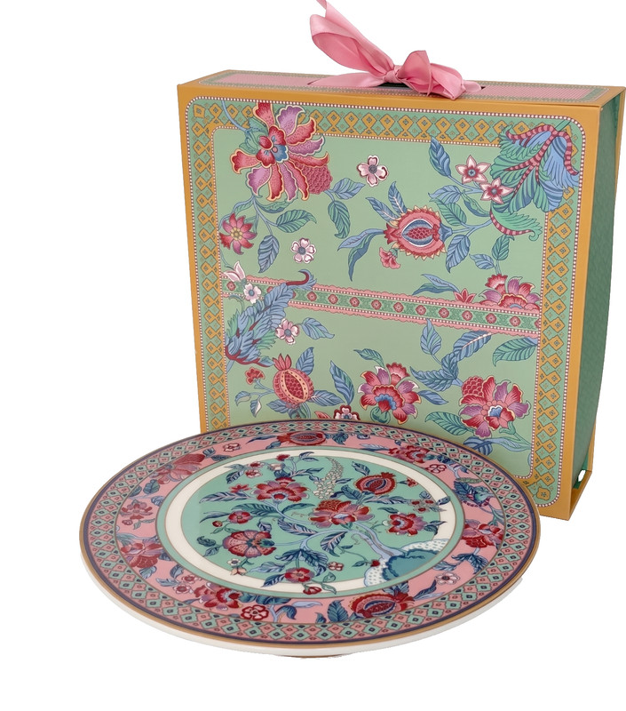 Mint Green Pink Floral Chinoiserie Pedestal Cake Stand Dessert Serving Plate