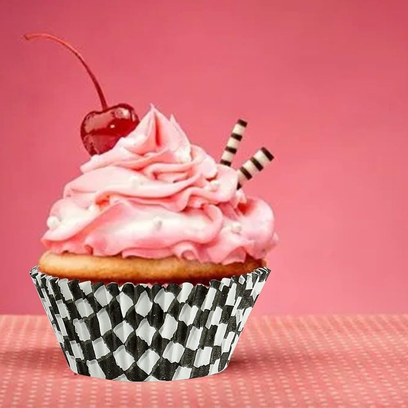 100-Pcs Black Checkered Cupcake Liners Baking Cups for Birthday Decorations gallery