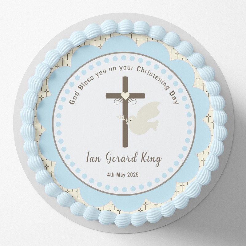 Christening Baptism Baby Boy Pre-cut Round Edible Cake Topper