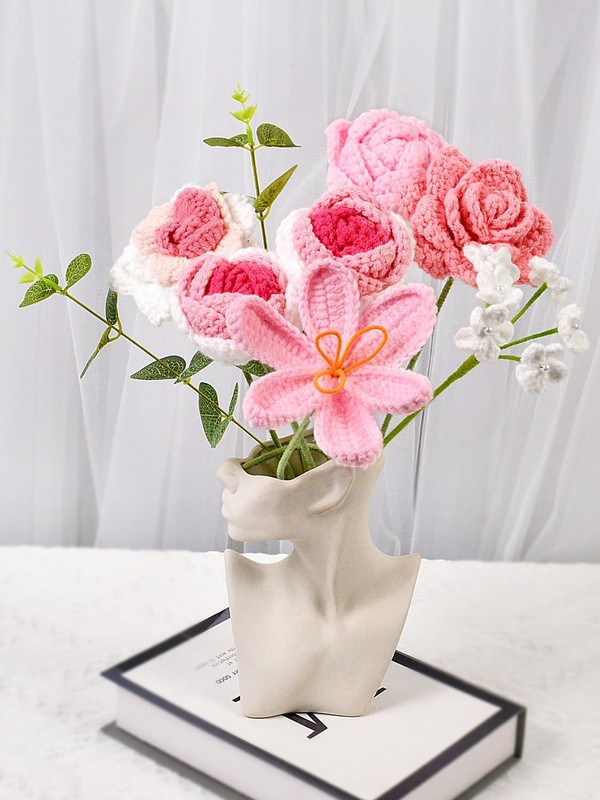 Hlenbin Crochet Flowers Bouquet Crochet Rose Tulip Knitted Flower For Mothers gallery