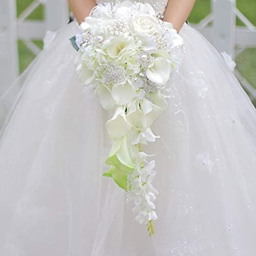 Iffo Calla Lilies Simulation Rose Diamonds Pearl Bride Wedding Bouquet White 09 gallery