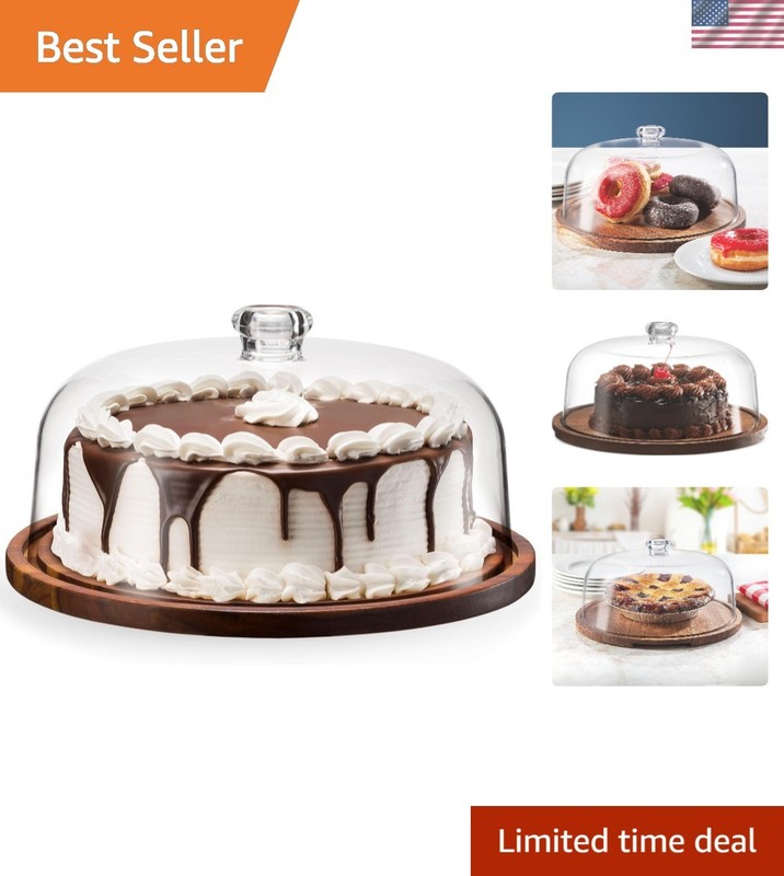 Cake Stand, Cake Plate Server Platter with Dome, Acacia Wood and Shaterproof …
