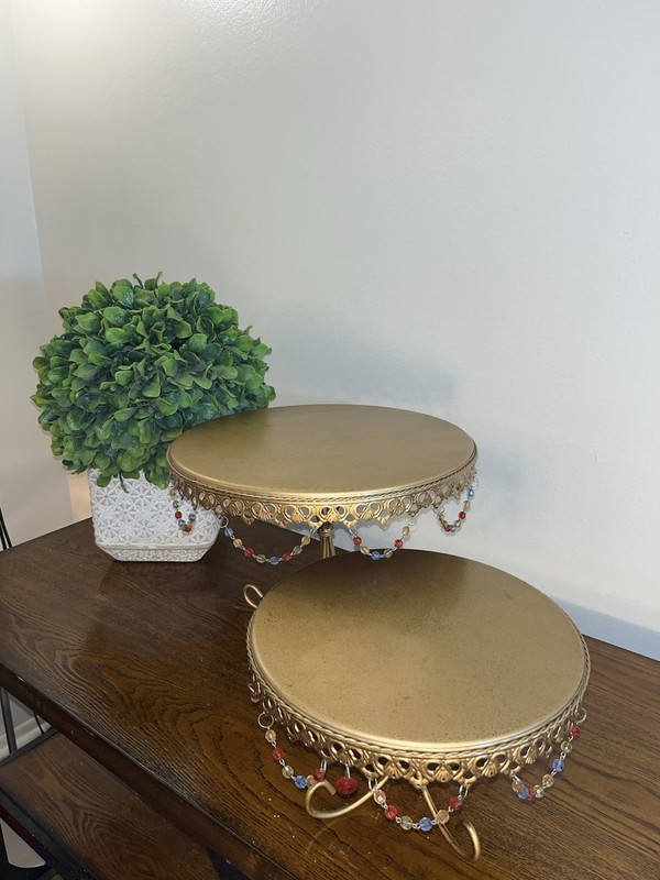 Set of 2 Gold Metal Cake Stands with Beads gallery