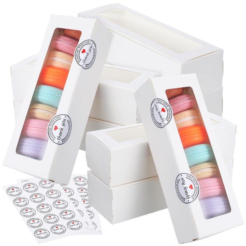 100 Pack White Macaron Boxes with Clear Window, Pastry Boxes with 100 Pcs Sti...