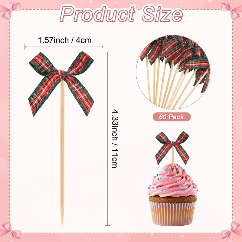 60Pcs Bow Cupcake Toppers, Ribbon Bow Cake Toppers for Cake Decor[Red and Green] gallery