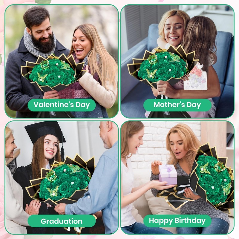 Suryushi Dark Green Glitter Roses Bouquet 24 Pcs Shiny Glitter Flowers Bouquet gallery