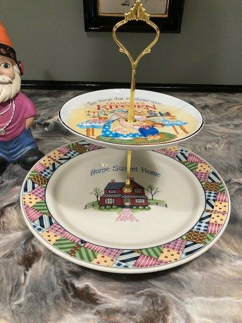 2 TIER CAKE, DESSERT, FRUIT, UPCYCLED DISPLAY SERVEWARE PARTY PLATE STAND