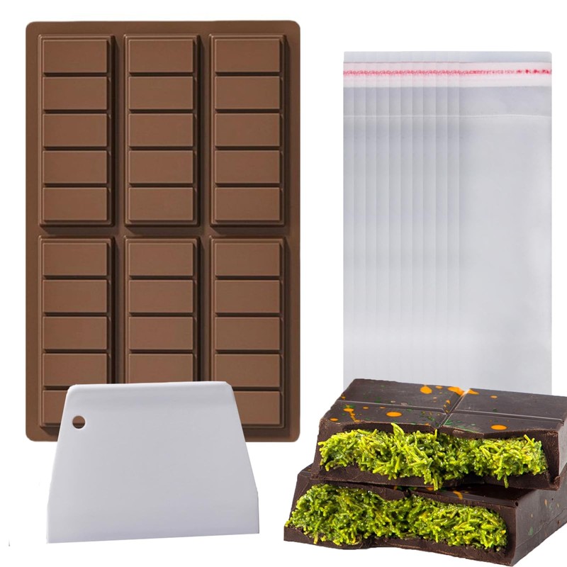 Chocolate Bar Mold 6 Cavities Deep Silicone Thick Mould With Bags Scraper Kit