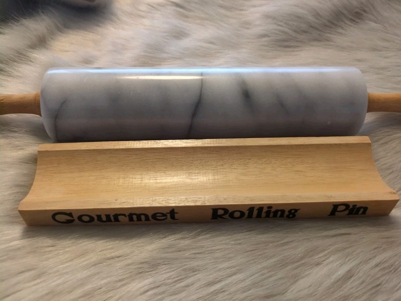 Vintage Polished Gray Marble Rolling Pin 18.5" Long 10" Barrel Wooden Stand New gallery