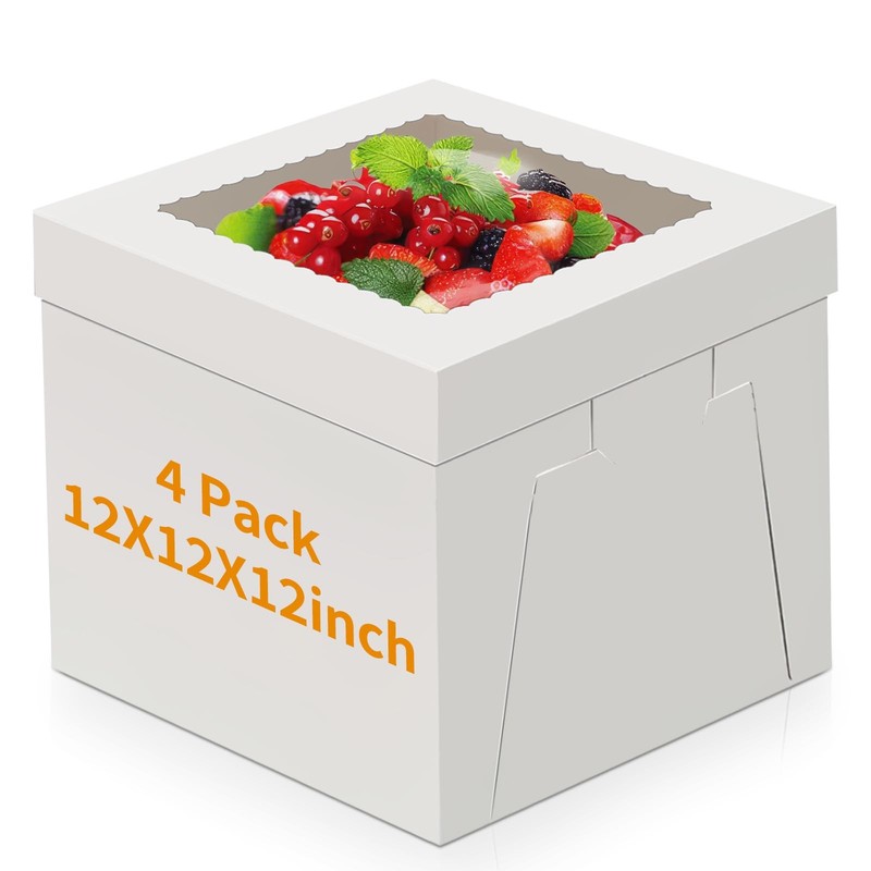 4 Pack Cake Boxes, Disposable Cake Transport Container, White Bakery Boxes wi…
