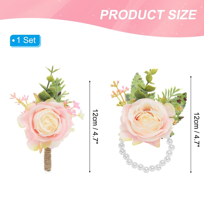 2 Pcs Rose Wrist Corsage and Boutonnieres Set, Flower Wristlet Light Pink gallery