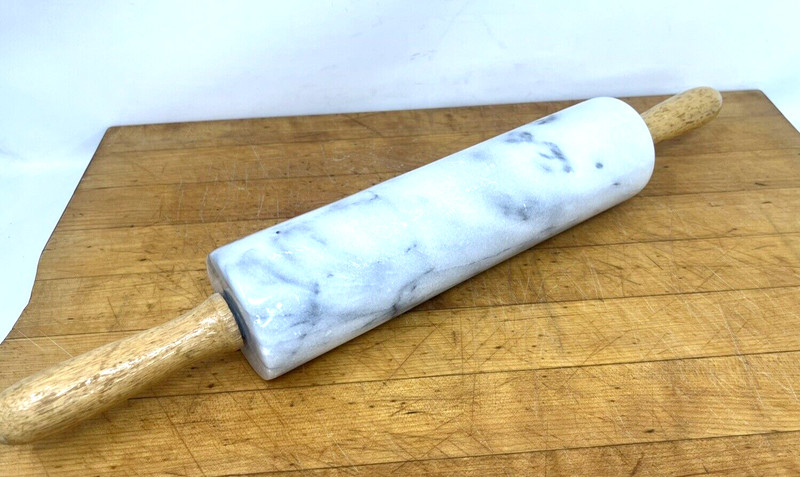 Marble Rolling Pin 18" Long 9.75" Barrel w wood handles White Grey 4 Lbs 15 Oz gallery
