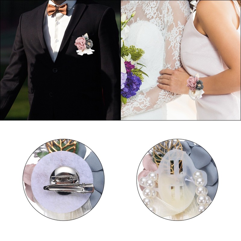 Rose Flower Wrist Corsage and Boutonnieres Set for Wedding Prom, Grey Blue gallery