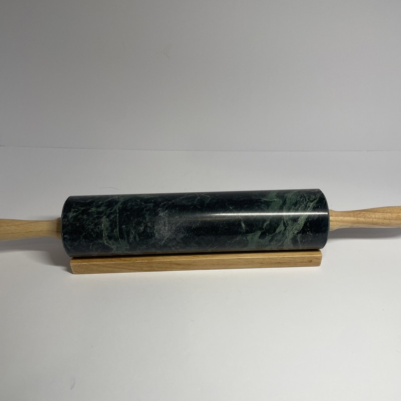 10" Marble Green Rolling Pin with Wooden Handles 18” + Holder Base As Is gallery