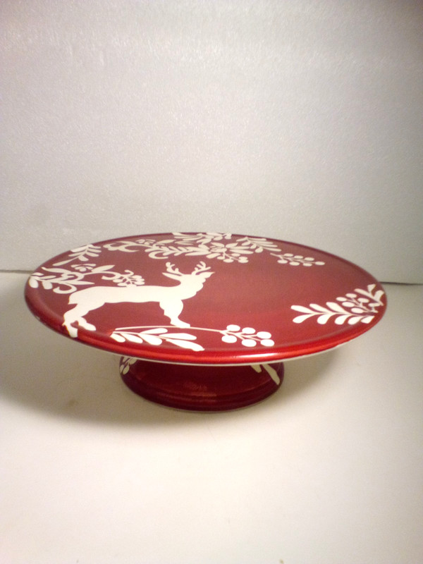 Gibson Elite Christmas Cake Plate 12'' Ceramic Red & White Reindeer Floral gallery