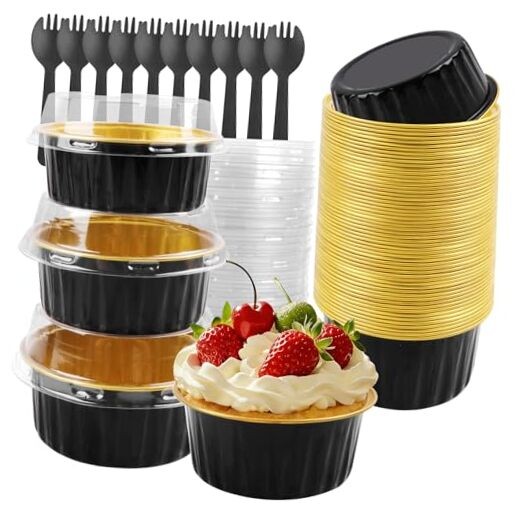 50 Pack 5oz Round Disposable Aluminum Foil Baking Cups, Mini Cake Pans Black