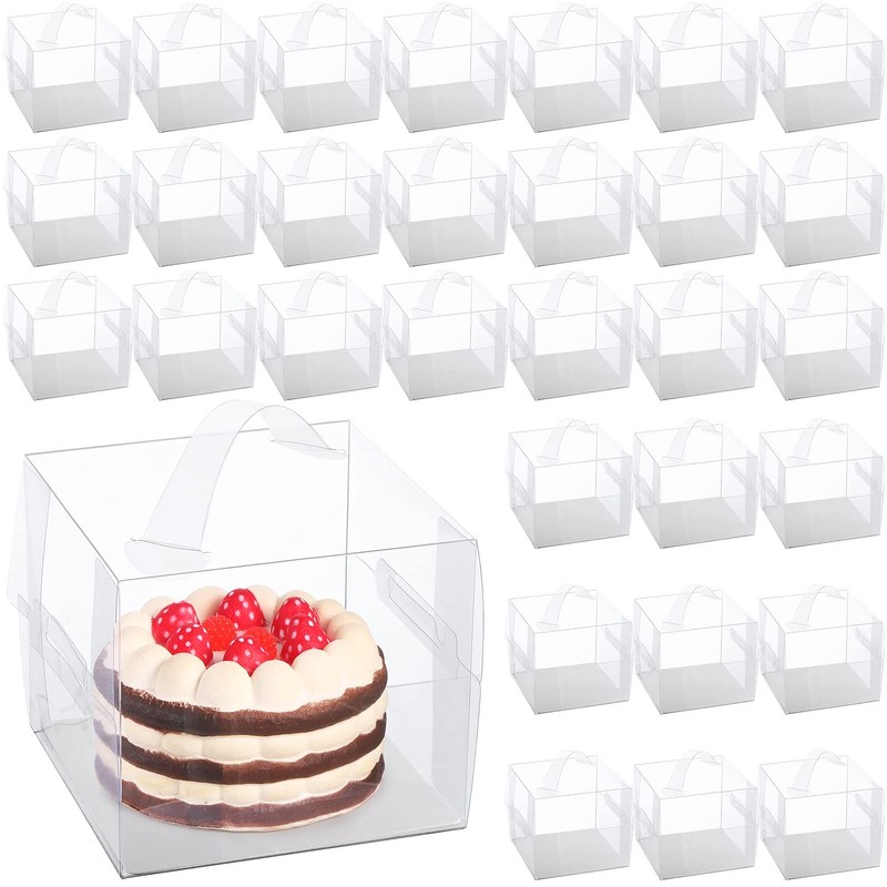 32 Pcs 6x6x5inch Clear Cake Box with Handles Transparent Bakery Boxes Mini Cu…